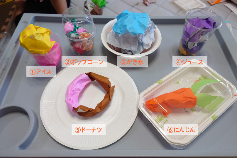 折り紙遊び作品
(アイス、ポップコーン、かき氷、ジュース、ドーナツ、にんじん)